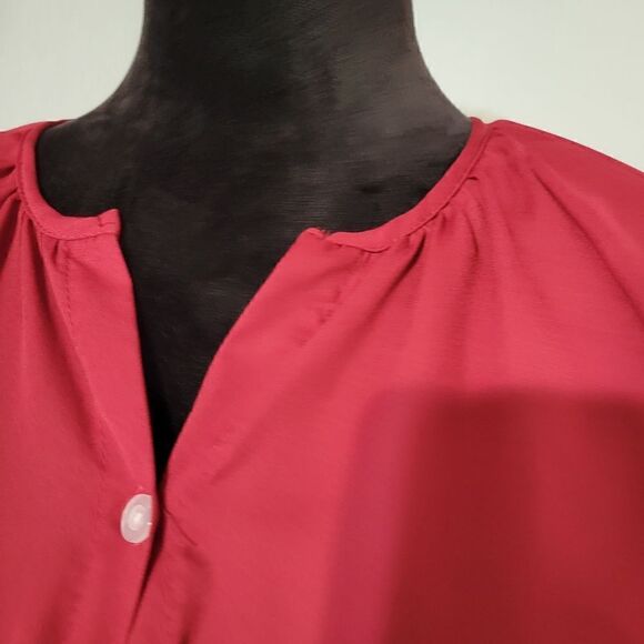 Women's Red Long Sleeve Split V-Neck Button-Down Shirt Size M - Picture 4 of 15